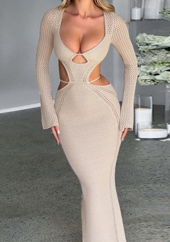 (Khaki)2023 Styles Women Sexy&Fashion Autumn/Winter TikTok&Instagram Styles Cut Out Long Sleeve Maxi Dress