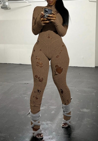 (Khaki)2023 Styles Women Sexy&Fashion Autumn/Winter TikTok&Instagram Styles Sweater Ripped Jumpsuit