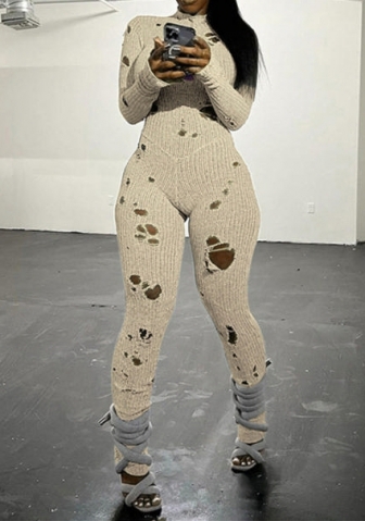 (Apricot)2023 Styles Women Sexy&Fashion Autumn/Winter TikTok&Instagram Styles Sweater Ripped Jumpsuit
