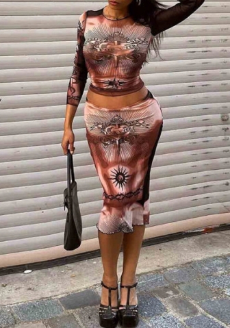 (Real Image)2023 Styles Women Sexy&Fashion Autumn/Winter TikTok&Instagram Styles Brown Print Two Piece Dress