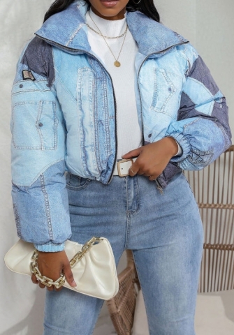 (Real Image)2023 Styles Women Sexy&Fashion Autumn/Winter TikTok&Instagram Styles Print Blue Front Zipper Coat