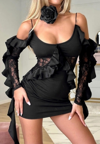 (Not Black Flower)(Real Image)2023 Styles Women Sexy&Fashion Autumn/Winter TikTok&Instagram Styles Black Lace Cold Shoulder Mini Dress