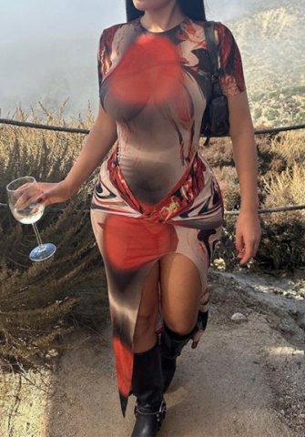 (Real Image)2023 Styles Women Sexy&Fashion Autumn/Winter TikTok&Instagram Styles Print High Split Maxi Dress