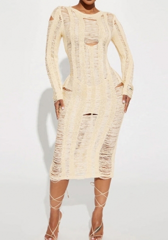 (Apricot)2023 Styles Women Sexy&Fashion Autumn/Winter TikTok&Instagram Styles Sweater Ripped Long Sleeve Maxi Dress