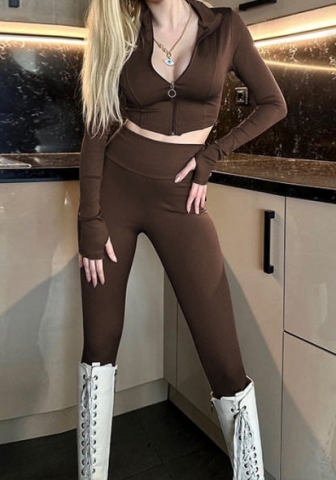 (Coffee)2023 Styles Women Sexy&Fashion Autumn/Winter TikTok&Instagram Styles Front Zipper Two Piece Suit