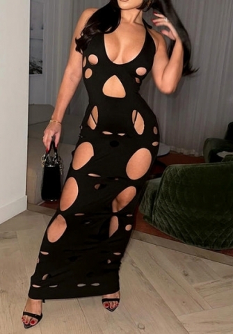 (Real Image)2023 Styles Women Sexy&Fashion Autumn/Winter TikTok&Instagram Styles Black Cut Out Halter Maxi Dress