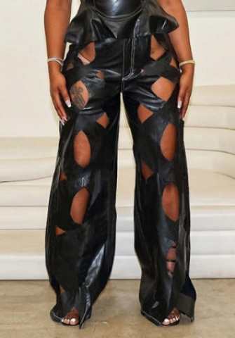 (Only Bottom)(Real Image)2023 Styles Women Sexy&Fashion Autumn/Winter TikTok&Instagram Styles Black PU Cut Out Long Pants