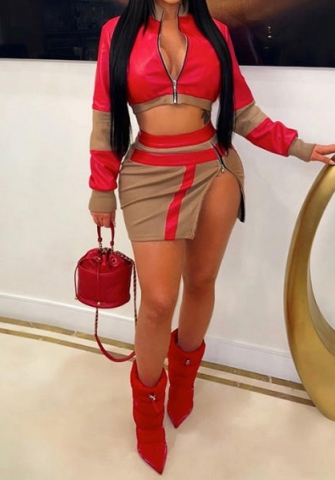 (Real Image)2023 Styles Women Sexy&Fashion Autumn/Winter TikTok&Instagram Styles PU Contrast Color Two Piece Dress