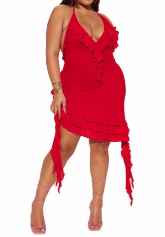 (Red)2024 Styles Women Sexy&Fashion Sprint/Summer TikTok&Instagram Styles Halter Ruffle Irregular Mini Dress