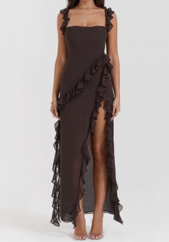 (Real Image)2024 Styles Women Sexy&Fashion Sprint/Summer TikTok&Instagram Styles Ruffle Irregular High Split Maxi Dress