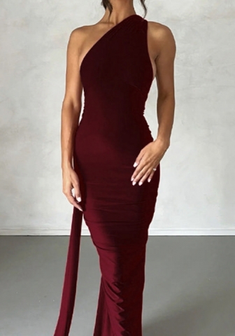 (Dark Red)2024 Styles Women Sexy&Fashion Sprint/Summer TikTok&Instagram Styles Single Shoulder Backless Maxi Dress