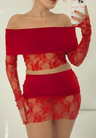 (Real Image)2024 Styles Women Sexy&Fashion Sprint/Summer TikTok&Instagram Styles Lace Off Shoudler Long Sleeve Two Piece Dress