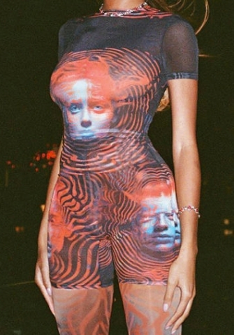 (Real Image)2024 Styles Women Sexy&Fashion Sprint/Summer TikTok&Instagram Styles Print Mesh Short Sleeve Romper