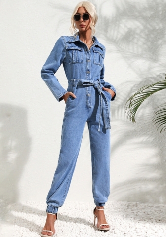 (Real Image)2024 Styles Women Sexy&Fashion Sprint/Summer TikTok&Instagram Jeans Waist Tie Jumpsuit