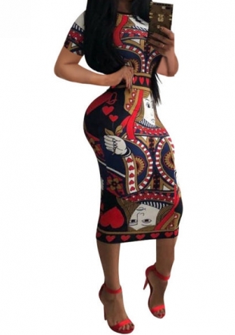 (Real Image)2024 Styles Women Sexy&Fashion Sprint/Summer TikTok&Instagram Print Poker Short Sleeve Maxi Dress