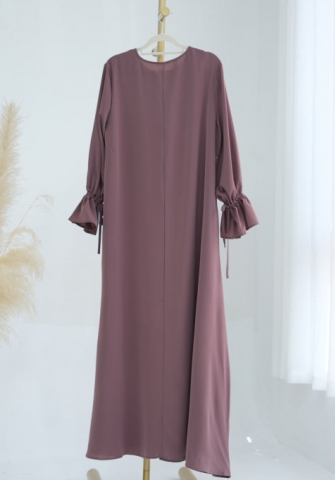 (Real Image)2024 Styles Women Muslim Tassel Long Sleeve Bell Sleeve Solid Color Maxi Dress