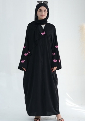 (Real Image)2024 Styles Women Muslim Tassel Long Sleeve Butterfly Embroidered Elegant Open Front Long Robe