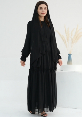 (Real Image)2024 Styles Women Muslim Tassel Long Sleeve Pure Beauty Solid Color Dress