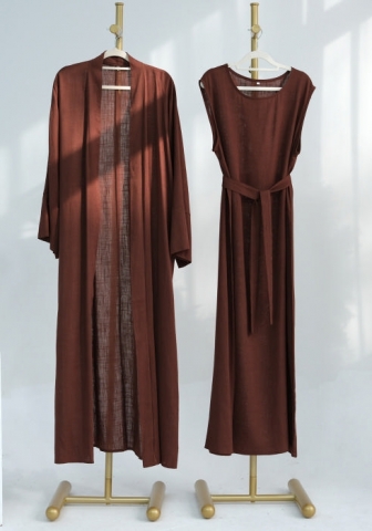 (Real Image)2024 Styles Women Muslim Tassel Long Sleeve Solid Color Cotton Linen Open Front Long Robe