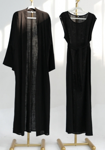 (Real Image)2024 Styles Women Muslim Tassel Long Sleeve Solid Color Cotton Linen Open Front Long Robe