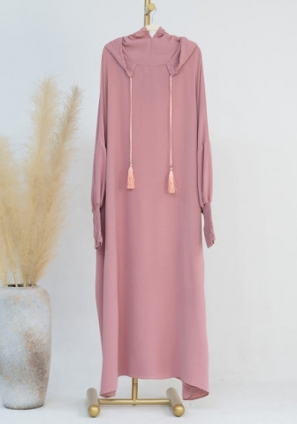 (Real Image)2024 Styles Women Muslim Tassel Hoodie Solid Color Long Sleeve Maxi Dress