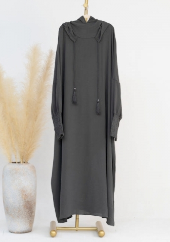 (Real Image)2024 Styles Women Muslim Tassel Hoodie Solid Color Long Sleeve Maxi Dress