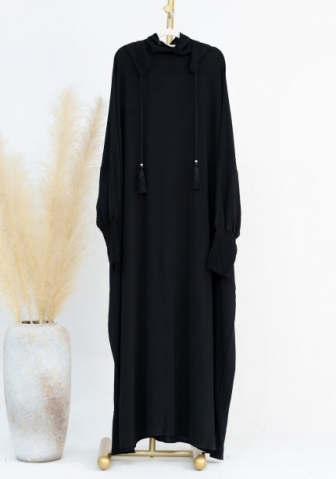 (Real Image)2024 Styles Women Muslim Tassel Hoodie Solid Color Long Sleeve Maxi Dress