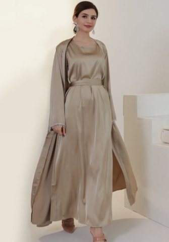 (Real Image)2024 Styles Women Muslim Tassel Long Sleeve Beaded Solid Color Dress Gown