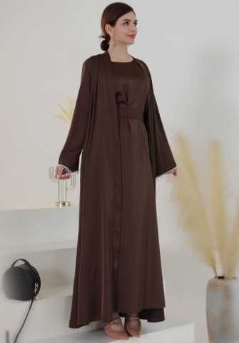 (Real Image)2024 Styles Women Muslim Tassel Long Sleeve Beaded Solid Color Dress Gown