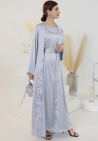 (Real Image)2024 Styles Women Muslim Tassel Long Sleeve Beaded Solid Color Dress Gown