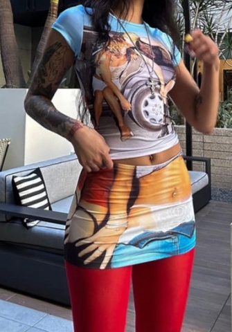 (Real Image)2024 Styles Women's Wear European and American Sexy Crop Top Printed Short Sleeve High Waist Slimming Hip-Wrapped Mini Skirt Set