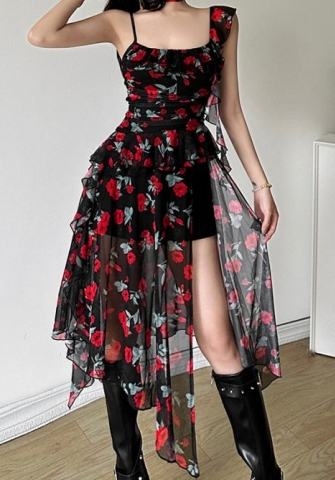 (Real Image)2024 Styles Women Summer Charming Sexy Spice Girl Slim Fit Split Backless Printed Slip Dress