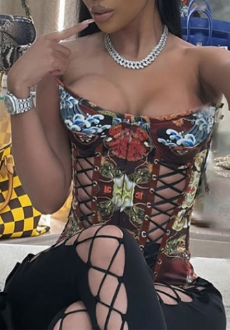 (Real Image)2024 Styles Women Summer Printed Lace-Up Fashionable Sexy Tight Crop Top