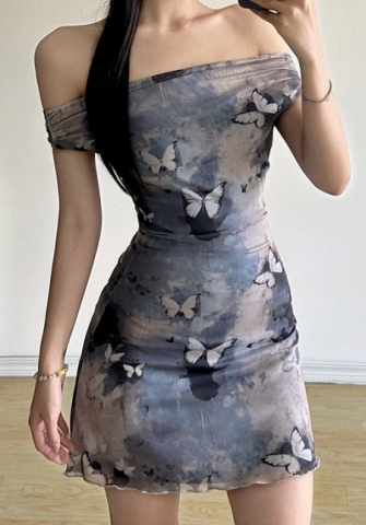 (Real Image)2024 Styles Women Summer Fashion Slimming Off-Shoulder Butterfly Print Dress