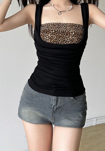 (Only Tops,Real Image)2024 Styles Women Summer Sexy Tight-Fit Leopard Print Bandeau Low-Neck Ruched Top
