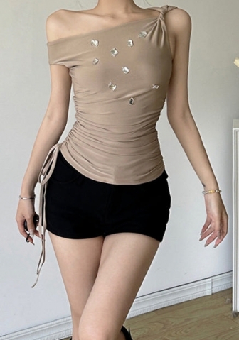 (Only Tops,Real Image)2024 Styles Women Summer Fashion Sexy Off-Shoulder Slimming Rhinestone Print Top