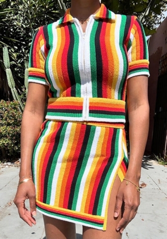 (Real Image)2024 Styles Women Summer Fashion Striped Color Block Zipper Top with High Waist Slit Bodycon Skirt Set
