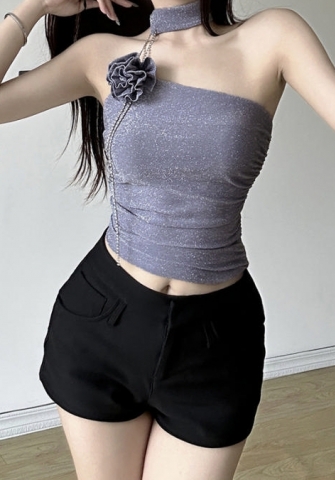 (Real Image)2024 Styles Women Summer Fashion 3D Flower Off-Shoulder Slim-Fit Crop Top