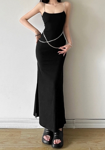(Real Image)2024 Styles WomenSummer Spaghetti Strap Off-Shoulder Fashion Silver Chain Bodycon Elegant Maxi Dress