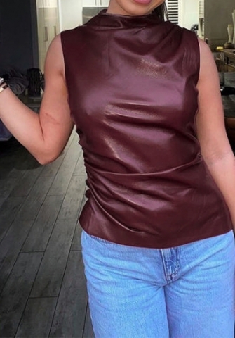 (Real Image)2024 Styles Women Summer Fashion Slim-Fit Irregular Pleated PU Vest Top