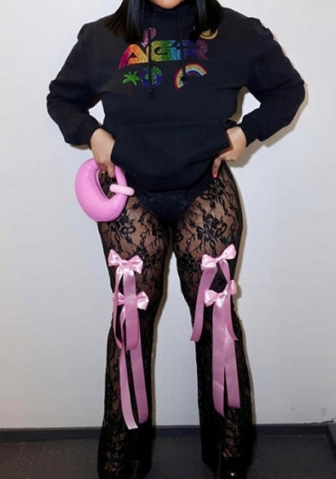 (Only Bottom,Black)2024 Styles Women Summer Sexy See-Through Jacquard Lace High-Waist Slimming Flare Pants