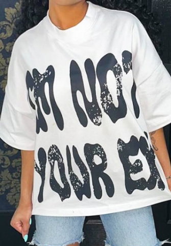 (Real Image)2024 Styles Women Summer Letter Print Round Neck Drop Shoulder Sleeve Casual Plus Size T-shirt Top