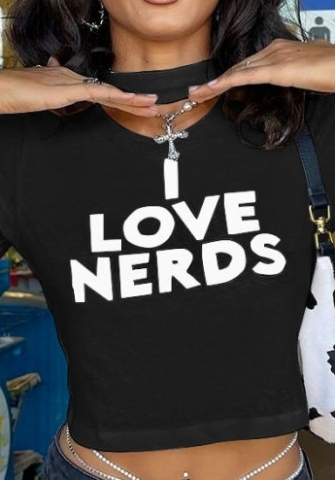 (Only Tops,Black)2024 Styles Women Summer Fashion Letter Print Round Neck Hollow Short Sleeve Crop Top T-shirt