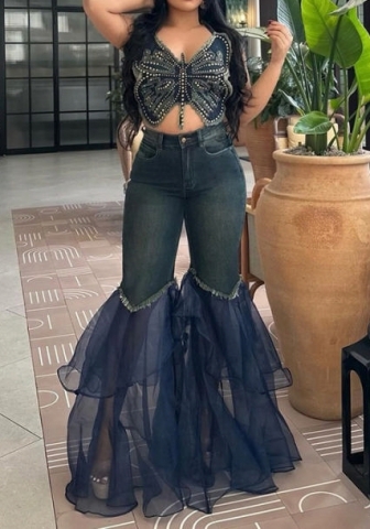 (Only Bottom,Real Image)2024 Styles Women Summer Fashion Denim Mesh Splice Washed Stretch Casual Jeans