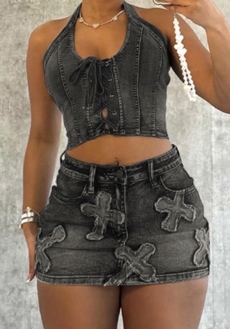 (Real Image)2024 Styles Women Summer Halter Eyelet Strappy Cross Washed Distressed Casual Dress Set