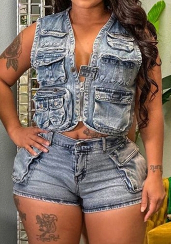 (Real Image)2024 Styles Women Multi-Pocket Vest Elastic Shorts Washed Distressed Casual Denim Set