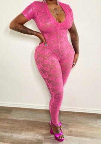 (Real Image)2024 Styles Women Summer Solid Color Lace Spliced Deep V-Neck Short Sleeve Bodysuit Jumpsuit