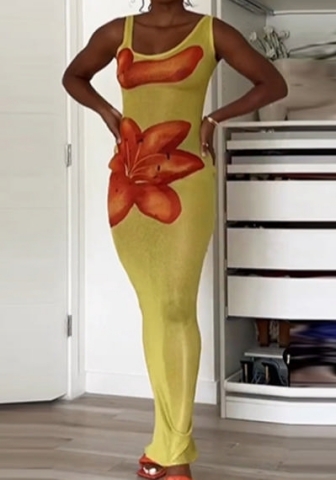 (Yellow)2024 Styles Women Summer Sexy Floral Print Slim-Fit Low-Chest Slim Sleeveless Suspender Maxi Dress