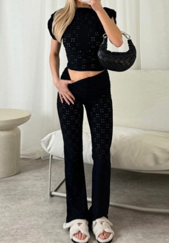 (Black)2024 Styles Women Summer Solid Color Sleeveless Crop Top and Fold-Over Waist Wide Leg Pants Casual Two Piece Set