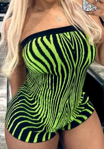 (Real Image)2024 Styles Women Summer Stripe Print Sleeveless Off-Shoulder Bustier Knit Romper